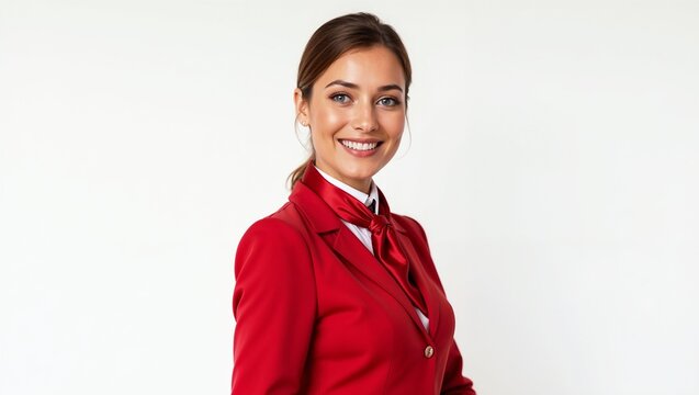 A cheerful air hostess in a red uniform. She stands isolated against a white background, smiling with professionalism and hospitality.