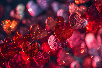 Romantic valentine's day background with red glitter hearts