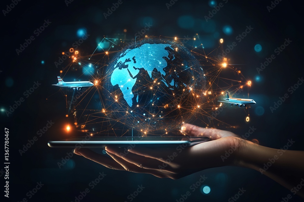 Poster digital globe with interconnected network and airplanes on tablet