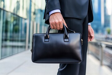 The boss is in a strict black suit with an expensive bag in his hand. 