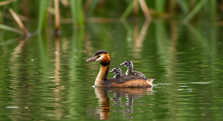 Obraz premium Great crested grebe carrying its chicks on its back through calm water