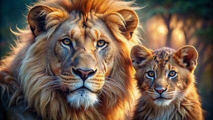 Fototapeta premium Majestic Lion and Cub Close-Up: Macro Photography of Wildlife