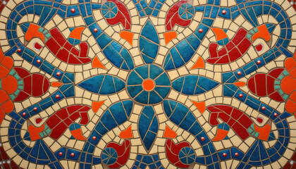 Colorful mosaic pattern featuring intricate designs with blue and red tiles