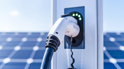 Close-up of EV charger plugged in, solar panels background
