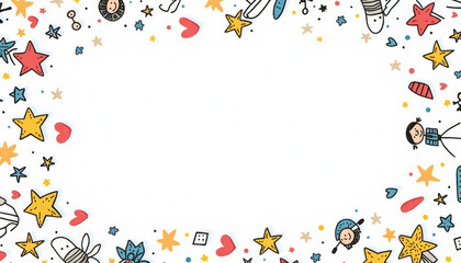 Playful doodle frame with colorful stars, hearts, and characters on a white background