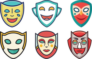 Vector Illustration of Theater Masks, A collection of colorful theater masks with various expressions, ideal for drama, performance, and artistic themes.
