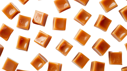 Golden Caramel Delights: An overhead perspective of square caramel candy pieces, the image captures the sweet texture and rich colour