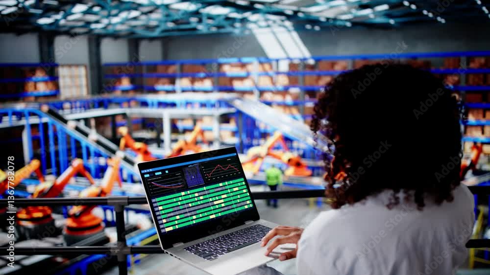 Poster engineer worker using warehouse automation dashboard