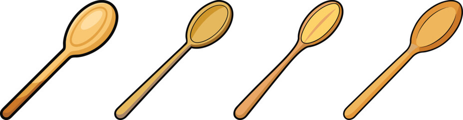 Vector Illustration of Wooden Spoons, A set of four wooden spoons with different shapes and sizes, illustrated in a clean, simple style.
