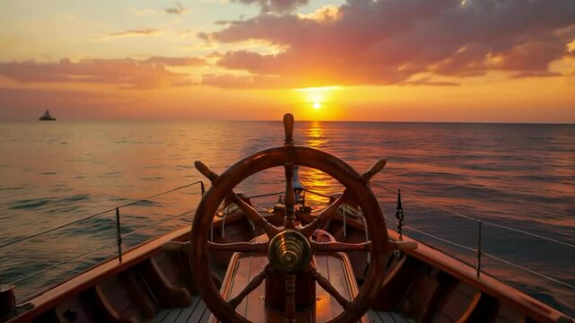 A ship helm video with a sunset backdrop, perfect for nautical travel and adventure projects.
