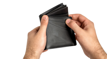 Wallet in Hand: Close-up of a pair of hands holding a wallet, showcasing the texture and details of the leather. The image speaks to themes of financial management, shopping, and everyday life