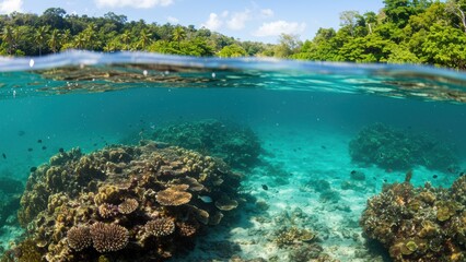 Obraz premium Half-underwater shot of a vibrant coral reef and lush tropical island.