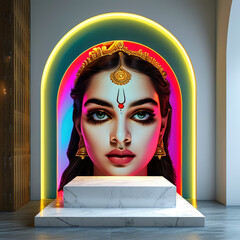 Navaratri product display background podium, Minimalist Divine Glow, white marble with gold trim, Goddess Durga, Navaratri colors, elegant, spiritual atmosphere, ad, podium platform