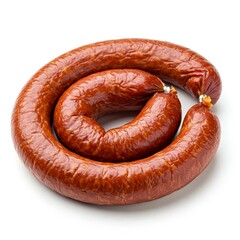 A coiled sausage against a plain backdrop. The sausage is brown and exhibits a textured surface.

