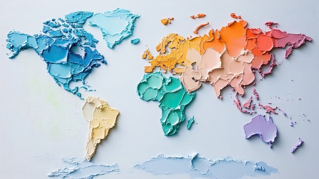 A map made of paint spots, where the outlines of oceans and continents are created using changing colors .