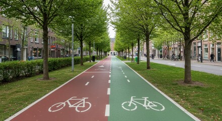 Obraz premium An eco-friendly bike lane stretches through an urban area, flanked by vibrant trees, promoting sustainable transportation and green living in the city