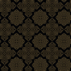 Abstract geometric pattern with crosses, stripes, lines. Seamless vector background. Black and gold ornament. Modern reticulated graphic design.