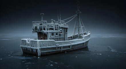 Naklejka premium Icy solitude abandoned boat on frozen waterscape a testament to winter's unforgiving grip