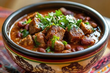 Fototapeta premium A bowl of potaje de alubias with red beans and sausage