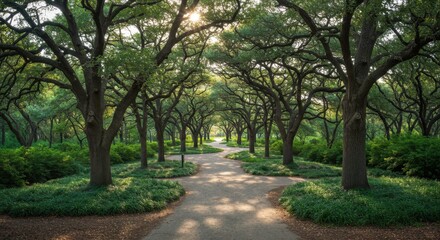 A beautiful park features winding paths surrounded by tall trees and lush shrubs, creating a serene getaway for relaxation and nature lovers
