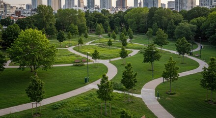 Fototapeta premium A green park area in an urban center features winding paths for walking and cycling, surrounded by trees and grassy landscapes
