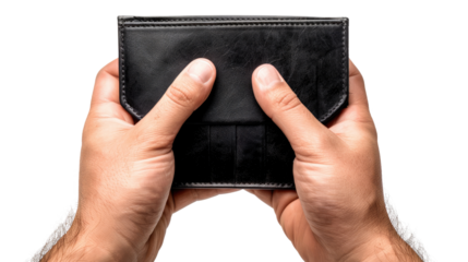 Holding the Wallet: A pair of hands firmly gripping a sleek, black wallet against a clean backdrop, emphasizing financial awareness.
