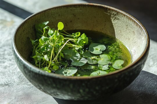 A bowl of potaje de berros with watercress stew