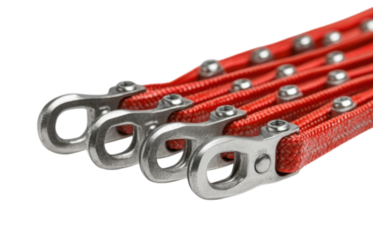 Interlocking Red Rope Safety Lines With Strong Metal Hooks, A Close-up Showcasing Durable Construction And Reliable Strength For Secure Connection Isolated on Transparent Background