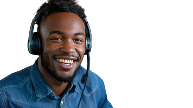 Professional Support: A smiling customer service representative is captured in a clean, bright environment, the headset highlights his dedication to helpful assistance