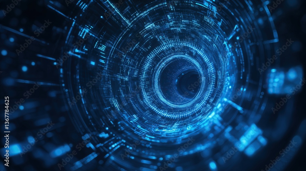Poster abstract futuristic background with blue glowing digital patterns and holographic elements