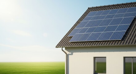 Fototapeta premium Modern home with solar panels on roof harnessing renewable energy