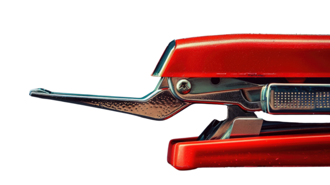 Stapler Detail: A striking macro shot showcasing a vivid red stapler, highlighting its intricate metallic design, clean lines, and functional precision.