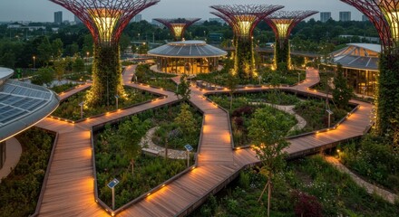 Obraz premium A futuristic eco-park featuring solar-powered lighting and wooden pathways surrounded by lush greenery and innovative design elements
