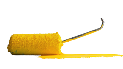 Fresh Coat: Paint roller covered in yellow paint, leaving a vibrant trail against backdrop of simplicity, creating a vivid visual narrative of home renovation.