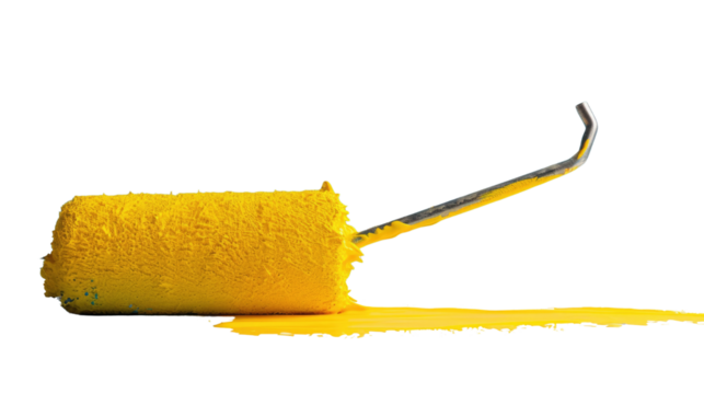 Fresh Coat: Paint roller covered in yellow paint, leaving a vibrant trail against backdrop of simplicity, creating a vivid visual narrative of home renovation.