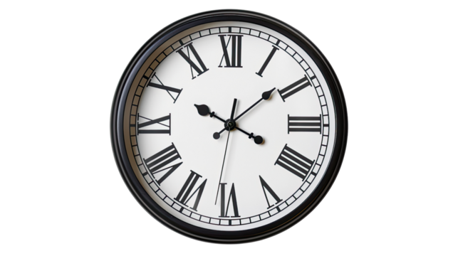 Timeless Elegance: An up-close shot of a classic analog wall clock, its clean lines and Roman numerals exude a timeless charm.