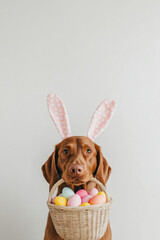 Dog wearing bunny ears and holding a basket full of colorful easter eggs