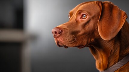 A Vizsla stands tall and poised against a pure white backdrop, its sleek rust-colored coat glistening under soft lighting, embodying grace and nobility