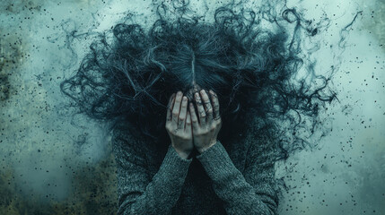 Person ensnared in whispers, tangled in a web of social anxiety and surreal tension