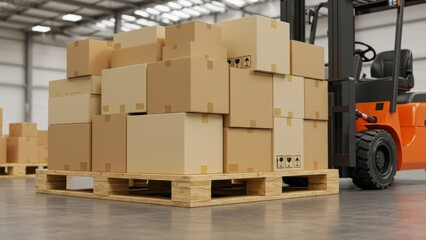Stacked boxes on a pallet with forklift in a warehouse, ready for shipment.