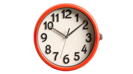 Precise Time: A classic analog clock with a vibrant orange frame displays the exact time, with clear numbers and hands against an off-white background, symbolizing punctuality and the value of time.