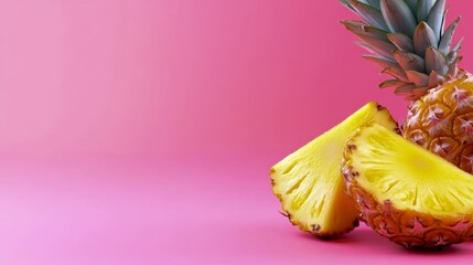 Fresh pineapple slices and whole fruit on a vibrant pink background creating a colorful tropical display