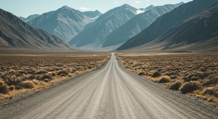 Naklejka premium Remote desert road leading into majestic mountain range