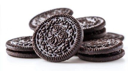 Naklejka premium Pile of Chocolate Sandwich Cookies Isolated on White Background Delicious Treat