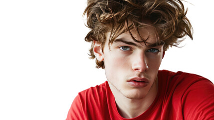 Youthful Expression: A close-up portrait of a handsome young man with tousled hair and striking eyes, his intense gaze captivating the viewer.