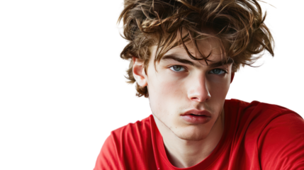 Youthful Expression: A close-up portrait of a handsome young man with tousled hair and striking eyes, his intense gaze captivating the viewer.