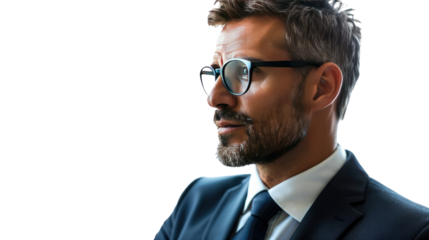 Reflective Vision: A thoughtful professional in a sharp suit and glasses gazing with an air of contemplation, bathed in soft, natural light. This image evokes ideas of intellect, professionalism.