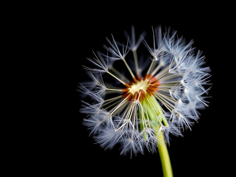 Close-up of a dandelion seed head against a black background.