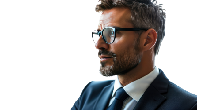 Reflective Vision: A thoughtful professional in a sharp suit and glasses gazing with an air of contemplation, bathed in soft, natural light. This image evokes ideas of intellect, professionalism.