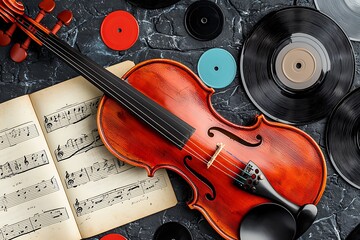 Fototapeta premium Violin, Sheet Music, and Vinyl Records A Classic Music Composition.